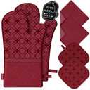 Oven Mitts and Pot Holders Set with Dishcloths, 500 Degree Heat Resistant Oven Gloves and Hot Pads, Premium Soft Cotton Kitchen Mittens and Dish Cloth Sets-Red