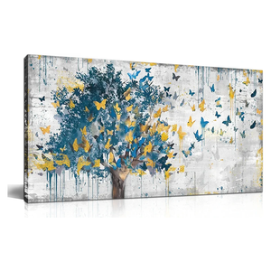 Kepgonegu Large Canvas Wall Art Blue Tree Golden Butterflies Picture Abstract Grey Graffiti Canvas Prints Ready to Hang for Living Room Bedroom Size 24x48
