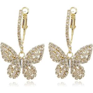 Butterfly Dangling Earrings Crystal Rhinestone CZ Drop Earrings For Women, 14K Gold/White Gold Plated Earrings Hypoallergenic Nickel Free Cute Charms Dangling Earring Dainty Birthday Jewelry Gift