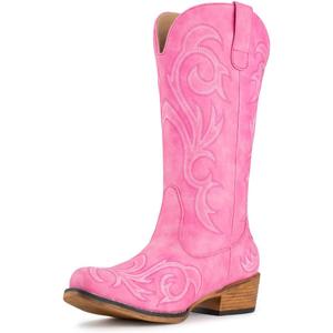 IUV Cowboy Boots For Women Mid Calf Cowgirl Boots Pointy Toe Western Boot (6, Pink)