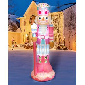 Geyoga 8FT Christmas Inflatable Outdoor Decoration Pink Nutcracker Hold Cake Cane Blow Up with LED Lights Inflatable Nutcracker Yard Decor for Xmas Decorations Outdoor Indoor Xmas Gifts
