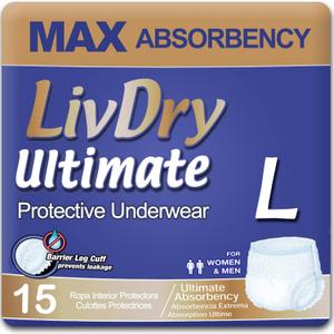 LivDry Large Ultimate Adult Incontinence Underwear, Max Absorbent Adult Diapers with Leak Protection, Size L, 15-Pack (Set of 4)