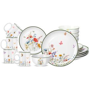 Pickmesh 16 Pcs Wildflower Ceramic Dinnerware Set for 4 Guest Floral Dish Set Spring Butterfly Dinner Plates Salad Plates Bowl Mug Kitchen Gift for Spring Kitchen Holiday Party Decoration