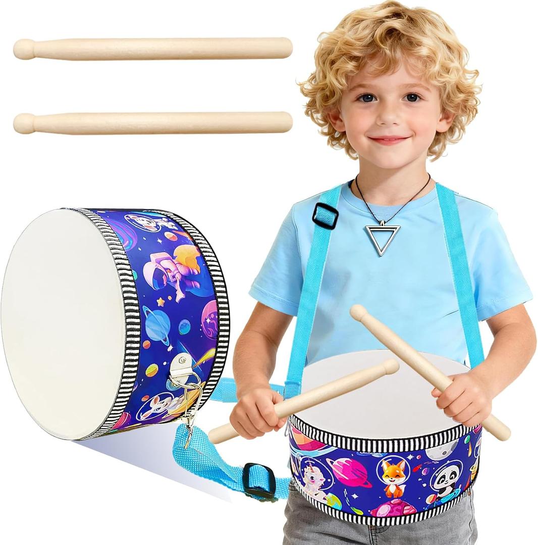 Kid Drum Set,8 Inch Wooden Drum Toys,Sensory Educational Musical Instrument Toy with Adjustable Strap,2 Drumsticks for Toddler,Baby Girls Boys, Astronauts Animals Dinosaurs