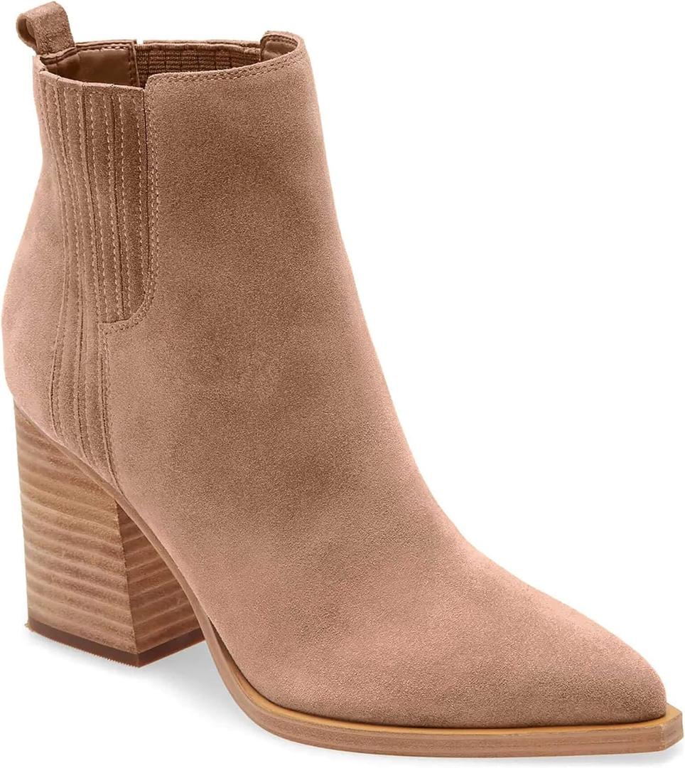 Imily Bela Womens Ankle Boots Pointed Toe Chunky Stacked Mid Heeled Faux Suede Leather Booties (8.5, Khaki)