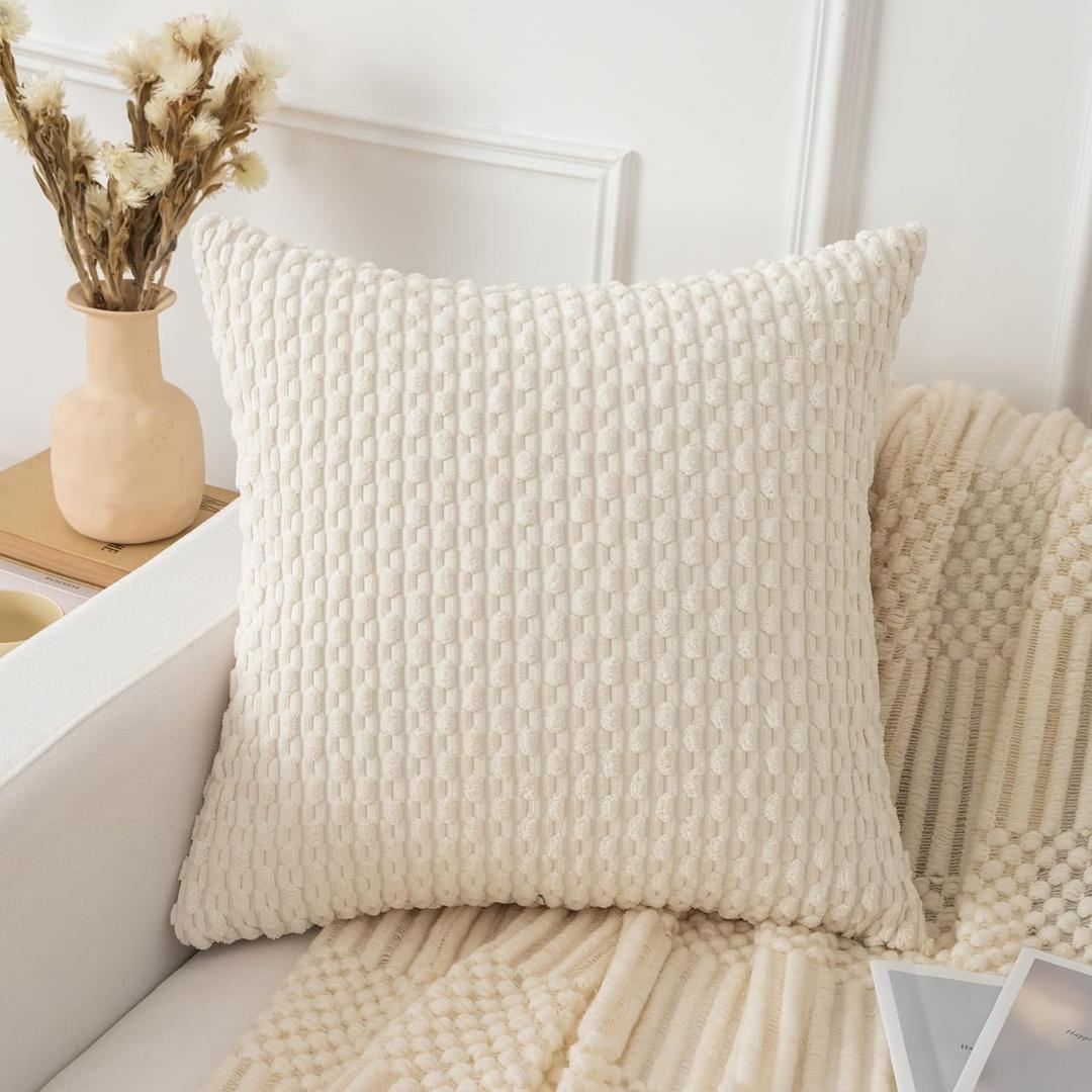 UGASA Soft Corduroy Decorative Pillow Cover 24x24 Inch Boho Striped Throw Pillow Cover Modern Home Decor for Sofa Living Room Couch Bed Cream White, 1 Piece