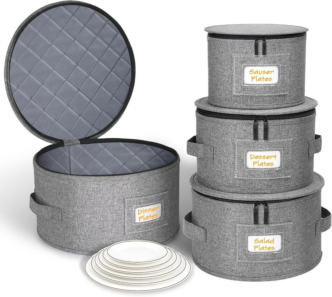 punemi China Storage Containers, Dish Storage w/Hard Shell Top Side Bottom Support & Felt Dividers for Charger Plates Dinnerware, Perfect for Moving Supplies, 4 set Stackable Fine China Storage, Gray