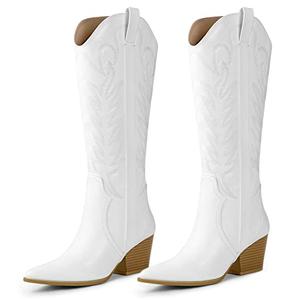 Arromic Cowboy Boots for Women Comfortable Womens Embroidered Western Cowgirl Knee High Boots Pointed Toe Zipper Chunky Heel Country Outfit Retro Tall Boots , Size 9