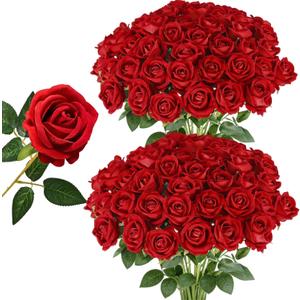50 Pcs Red Artificial Roses in Bulk Fake Roses with Stems, 20" Long | Realistic Silk Roses for DIY Wedding Bouquets Tables Centerpieces Arrangements Party Baby Shower Birthday Home Decor Gift