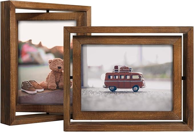 Egofine 2 Pack 6x8 Rotating Floating Picture Frames,DoubleSided Display with HD Glass Front Wooden Distressed Frame for Vertical or Horizontal Tabletop Display, Carbonization