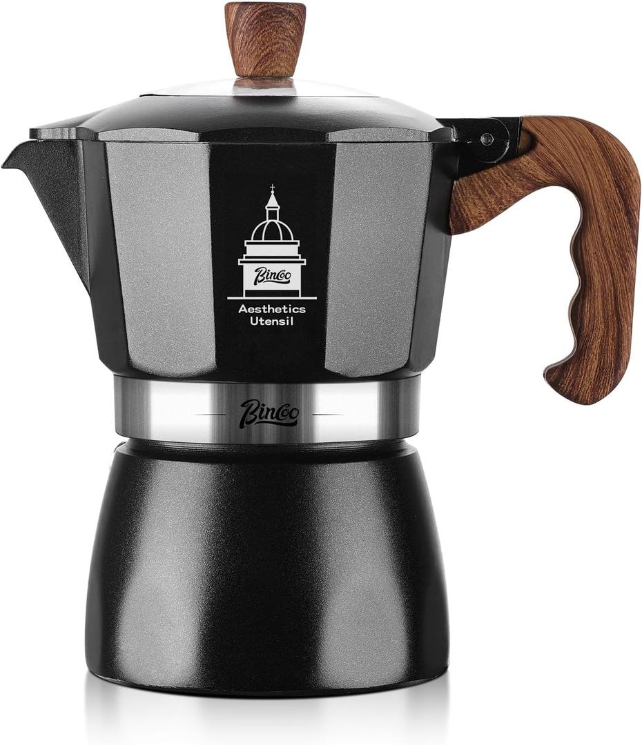 Bincoo Stovetop Espresso Maker 2 Cups - Classic Aluminum Italian Coffee Maker,2Cups Moka Pot for Italian and Cuban Caf Brewing, Double Valve Extraction (Black(New))