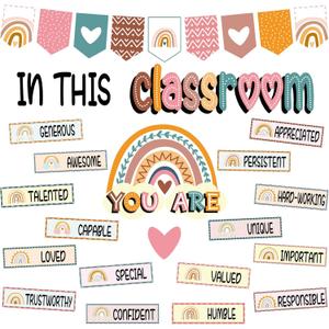4 x VABAMNA 32pcs Classroom Bulletin Board Decorations Set - Boho Rainbow Motivational Words Cutouts Bulletin Decorations for Teachers School Classroom Bulletin Board