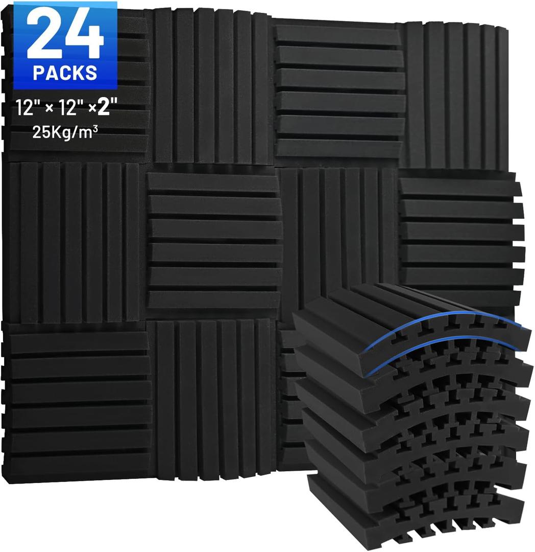 24Packs Curved Sound Proof Foam Panels for Walls, 2" Acoustic Panels Sound Absorbing Dampening, Soundproofing Noise Reducing Cancelling Treatments for Home Office Recoding Studio Decor, 2x12x12" Black