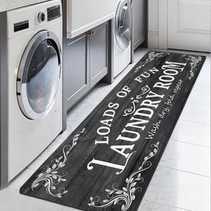Laundry Room Rug Runner 24"x72" Non Slip Waterproof Laundry Mats for Laundry Room Decor Washable Floor Farmhouse Laundry Rug for Mudroom Washroom Bathroom, Black Navy Blue