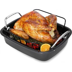 Nonstick Roasting Pan with Rack, Turkey Roasting Pan for Oven, Large Roaster Pan with Handle for Chicken, 17 X 13 Inch, Carbon Steel, Dark Grey
