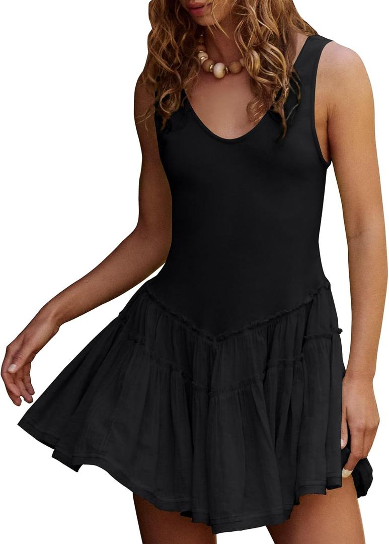 Gacaky Womens Sleeveless Mini Dress Casual Boho Ruffle Tiered Mini Dress High Waist Mini Skirts Golf Tennis Dresses with Built-in Shorts Black Small
