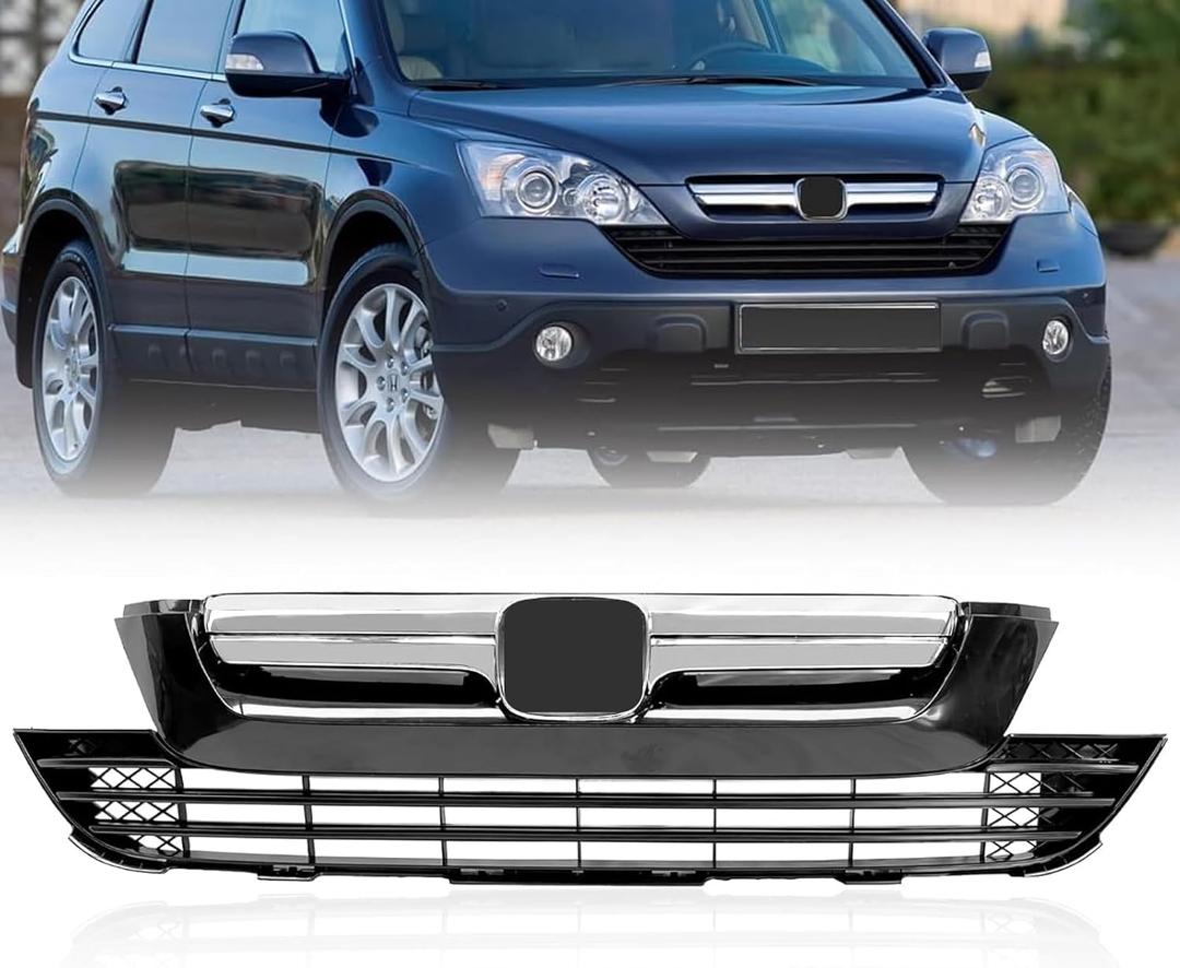 Upper Lower Bumper Grille Compatible for 2007 2008 2009 Honda CRV Glossy Black Mesh Grill