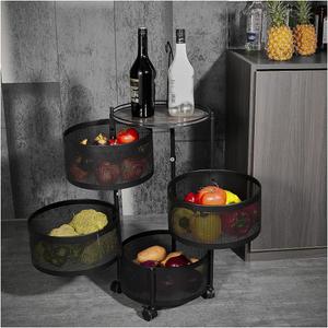 HOYRR Rotating Storage Rack for Kitchen, 4 Tier Fruit and Vegetable Storage for Kitchen Rotating Storages Rack with Wheels, Cart Space Saver Potatoes Fruit Basket, Black