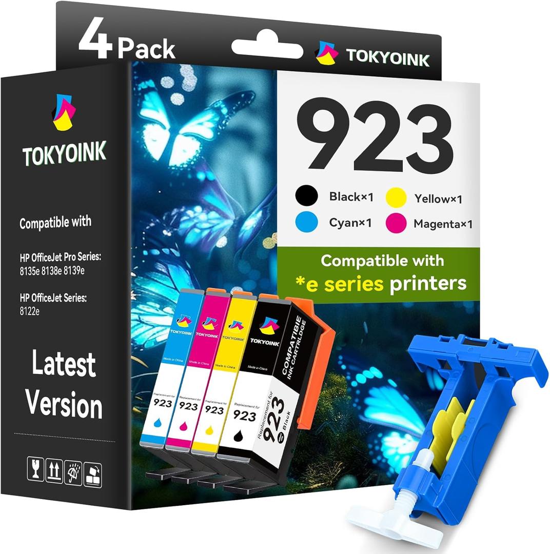 TOKYOINK 923 Ink Cartridges Combo Pack Replacement for HP 923e 923 923XL Ink Cartridges Work for OfficeJet 8120 8122e 8123 OfficeJet Pro 8130 8135e 8138e 8139e Printer Without Chip (4 Pack)
