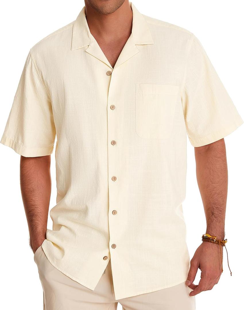 Alimens & Gentle Cuban Linen Shirts for Men Short Sleeve Button Down Shirt Cotton Summer Beach Camp Vacation Hawaiian Shirts (Medium, Cloud Cream)