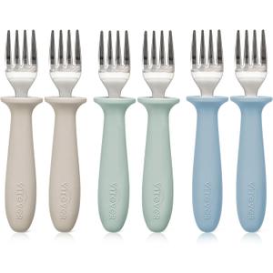 6 Pieces Toddler Forks, 18/8 Stainless Steel Kids Safe Utensils Set BPA Free, Children's Silverware Set with Silicone Round Handle for Self Feeding, Dishwasher Safe (Light Blue/Light Green/Grey)