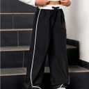 Verdusa Girl's Striped Pants Drawstring High Waisted Straight Leg Loose Trousers (Black)