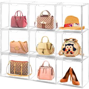 Clear Handbag Storage Organizers for Closet, 9 Packs Plastic Acrylic Handbag Purse Shoes Toy Display Case, Anti Dust Luxury Stackable Bag Container Box with Magnetic Door for Pocketbook Clutch
