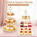 Lzerking 13pcs Dessert Table Display Set, 6 3-Tiered Cupcake Stands (3round & 3square) with 4 Trays & 3 Tongs, White Gold Plastic for Wedding, Tea Party, Baby Shower Decor, Birthday Party Decoration