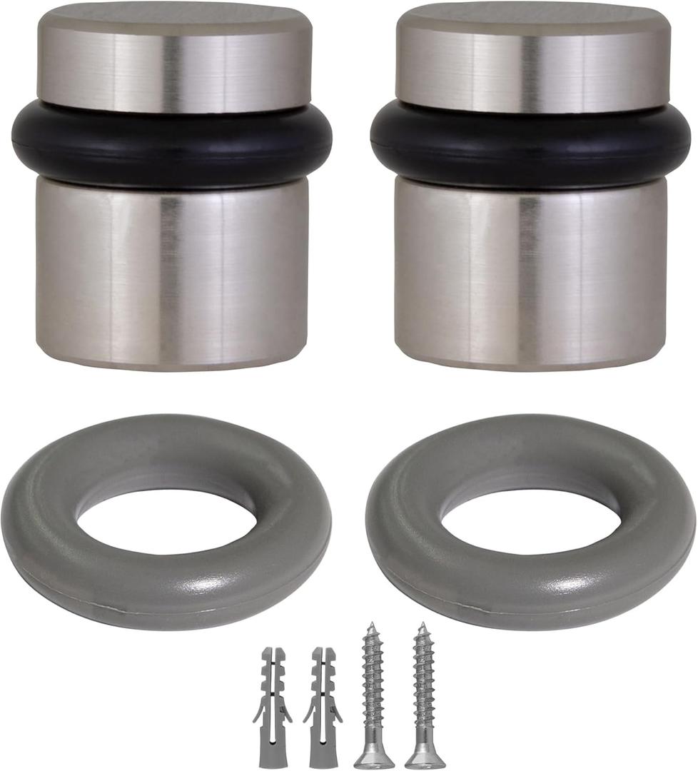 Design House 2-Pack Modern Cylindrical Floor Mounted Door Stops with Rubber Bumper, Satin Nickel, Heavy Duty Brass Construction Design House, 189332-SN