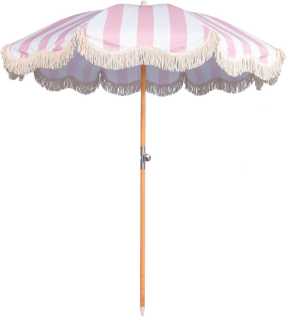 6.5ft Boho Beach Umbrella with Fringe, UPF 50+ Tassel Umbrellas with Carry Bag, Premium Wood Pole Foldable Patio Umbrella for Outdoor Holiday Garden Lawn Pool Yard Table (Pink Stripe)