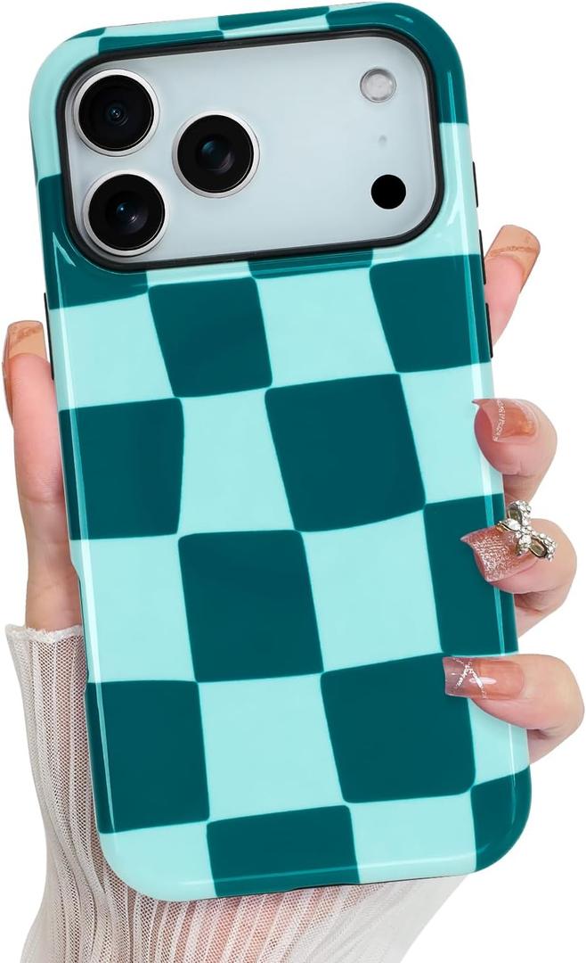 KANGHAR Compatible with iPhone 17 Pro Case 2025, Aesthetic Checkered Cute Pattern, Support for MagSafe Shockproof Cover for Girls Women -Green