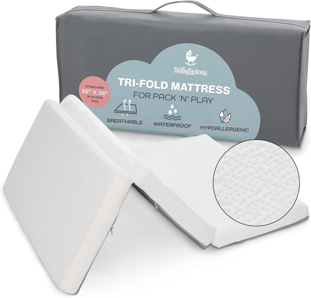 Waterproof Pack and Play Mattress Topper | 38" x 26" x 1.5" | Trifold Style - Breathable Soft Plush Foam - Portable Mattress Topper - Baby Foam Mattresses for Babies