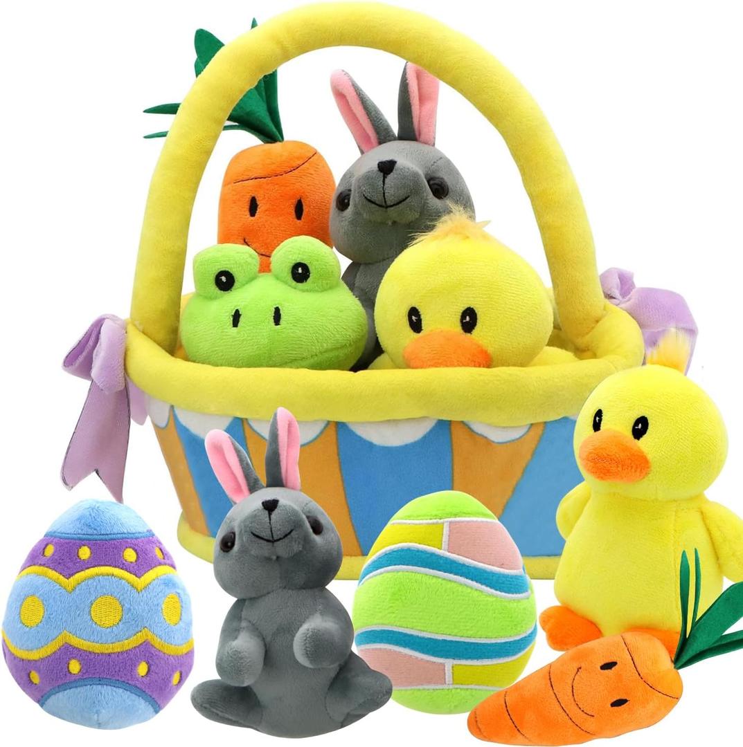 JOYIN 7 PCS Easter Basket Stuffers Playset Plush Bunny Chick Frog Carrot Egg Toys Party Favors Easter Decorations Party Gifts Supplies, Original Style Plush Baby, Girls Boys Toddler Kids of All Ages