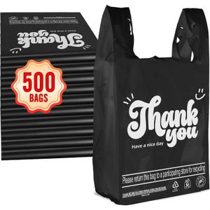 Fuxury 500 Count - Thank You Plastic Tshirt Bags Black (11.5" x 6.5" x 21"), T-shirt, Grocery, Take Out, To Go, Retail Shopping Bags in Bulk for Small Business