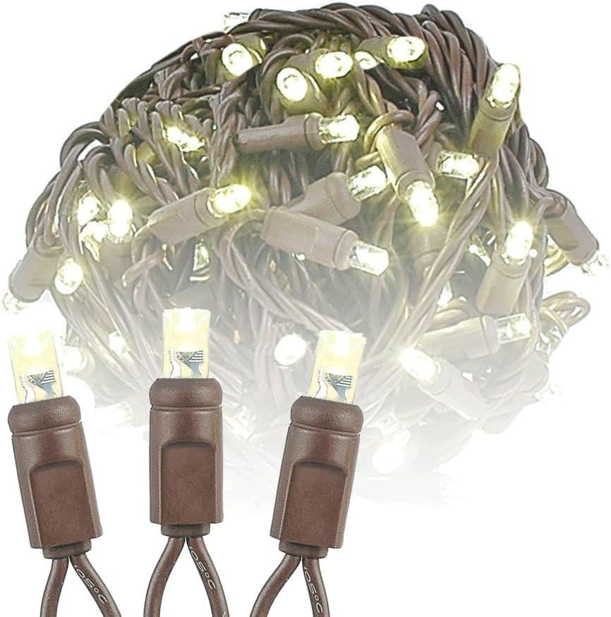 Novelty Lights 50ft 100 LED Warm White Christmas String Lights, 6" Spacing on Brown Wire, UL Listed IP55 Commercial Grade Xmas Lights for Outdoor/Indoor, Dimmable, Connectable