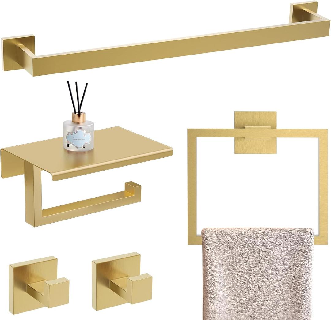 YACVCL Brushed Gold Bathroom Hardware Accessorie Set 23.6 Inch Towel Bar Set 5-Pieces Towel Rack&Holder Set for Bathroom,Upgraded Toilet Paper Holder with Shelf,Stainless Steel Wall-Mounted