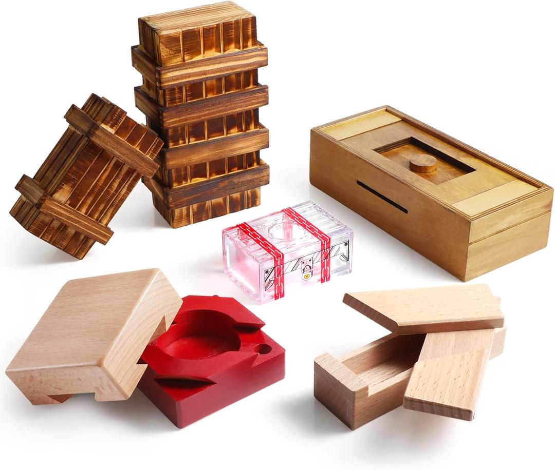 Charniol Set of 6 Puzzle Box Wooden Secret with Compartment 3D Brainteaser Lock Wood Brain Teaser Difficult Gifts Game for Adults and Teens, Styles