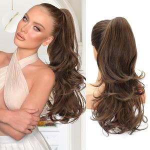 NAYOO Claw Clip Ponytail Extension Chestnut Brown 18" Long Wavy Ponytail Clip in Hair Extensions for Women Curly Natural Layered Pony Tails for Short Thin Hair Synthetic Hairpiece (Chestnut Brown)