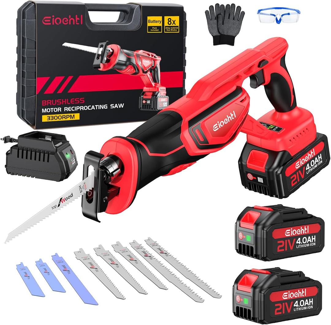 Brushless Cordless Reciprocating Saw 3300 SPM, Dual 21V 4.0Ah Batteries & Fast Charger, 8-Piece Bi-Metal/Wood Blade Kit, Low-Noise Lightweight for Wood, Metal, PVC & Pruning (Carry Case Set)