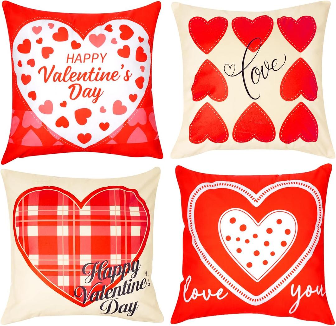 Ishua 4pcs Heart Pillow Covers, 18 x 18 Inch Valentine's Day Pillow Cases, Red and White Valentines Day Pillow Covers for Couch Sofa