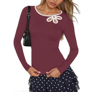 MEROKEETY Womens Trendy Spring Cut Out Tops 2026 Long Sleeve Boat Neck Y2k Slim Fit Casual Going Out T Shirts Blouses Clothes (S)