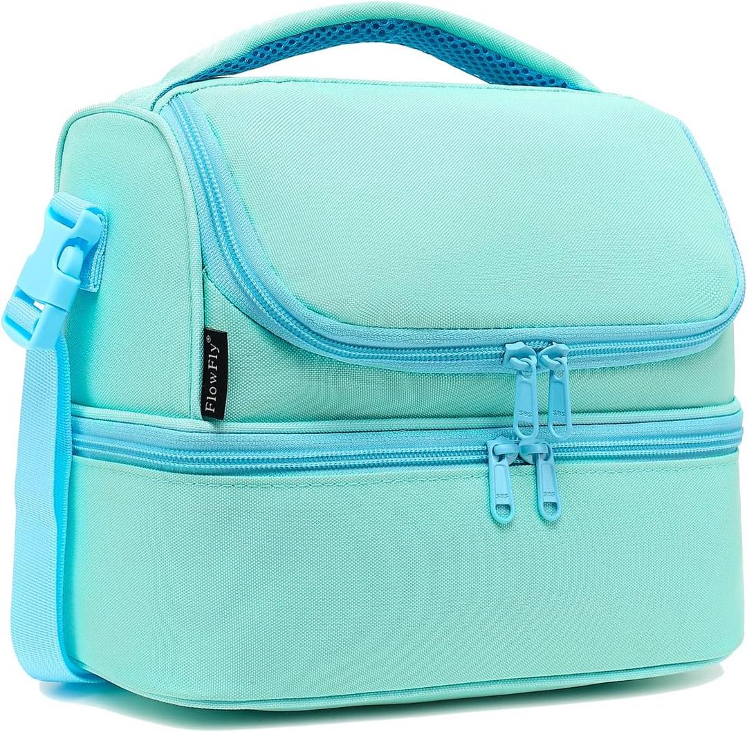 FlowFly Double Decker Cooler Insulated Lunch Bag Large Tote for Boys, Girls, Men, Women, With Adjustable Strap,Light Blue