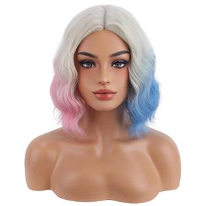 BERON Women Short Platinum Ombre Pink and Blue Side Part Wigs Girls Colorful Shoulder Length Heat Resistant Synthetic Wig for Cosplay Costume Party or Daily
