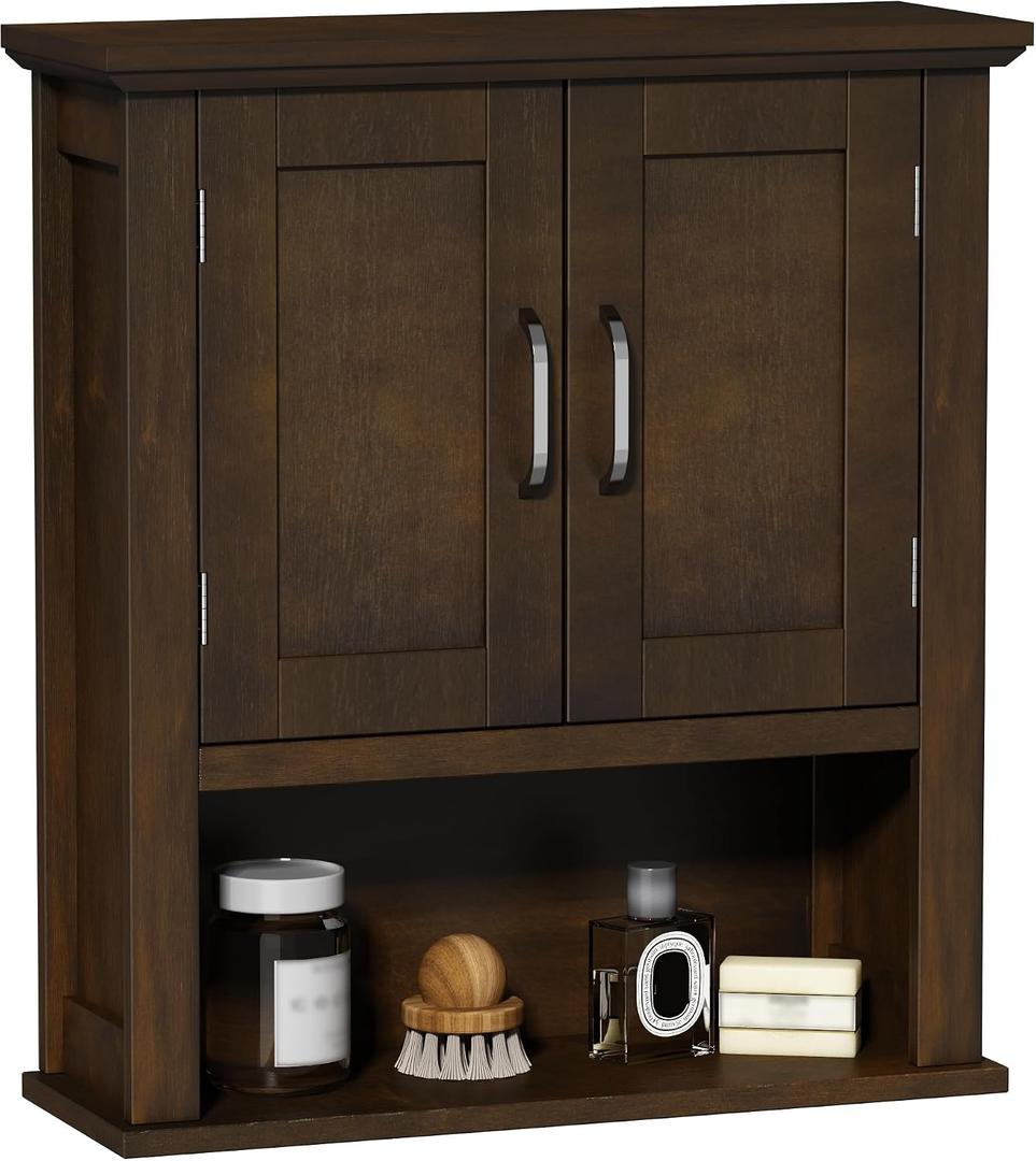 ChooChoo Wood Wall Cabinet with Doors, Medicine Cabinet with Adjustable Shelves Over The Toilet, Rustic Cabinet Wall Mounted for Bathroom, Kitchen, Living Room, Walnut