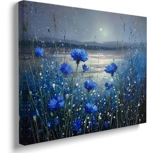 Vibrant Blue Cornflowers Moonlit Lake Landscape Canvas Wall Art - Contemporary Nature Home Decor for Living Room & Bedroom Office - HD Waterproof Stretched Framed Art Print Ready to Hang 16x24 Inches