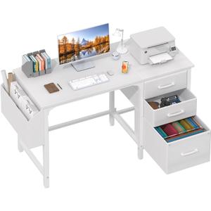 Lufeiya White Desk with Fabric File Drawers Cabinet, 47 Inch Reversible Computer Desk with Filing Cabinet for Bedroom Small Space Home Office, Modern Writing Table PC Desks, White (46.6")