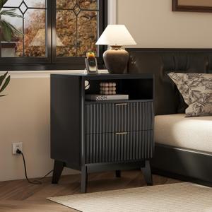 LYNCOHOME Fluted Nightstand with Charging Station, 19.7 inch Wide End Table with 2 Drawers, Modern Wood Bedside Table for Bedroom, Black,1 Pcs