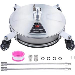 Biswing 16" Pressure Washer Stainless Steel Surface Cleaner with 4 Wheels & 1/4" Quick Connector, Power Washer Attachment with 2 Extension Wand, 2 Replacement Nozzles, 4000 PSI