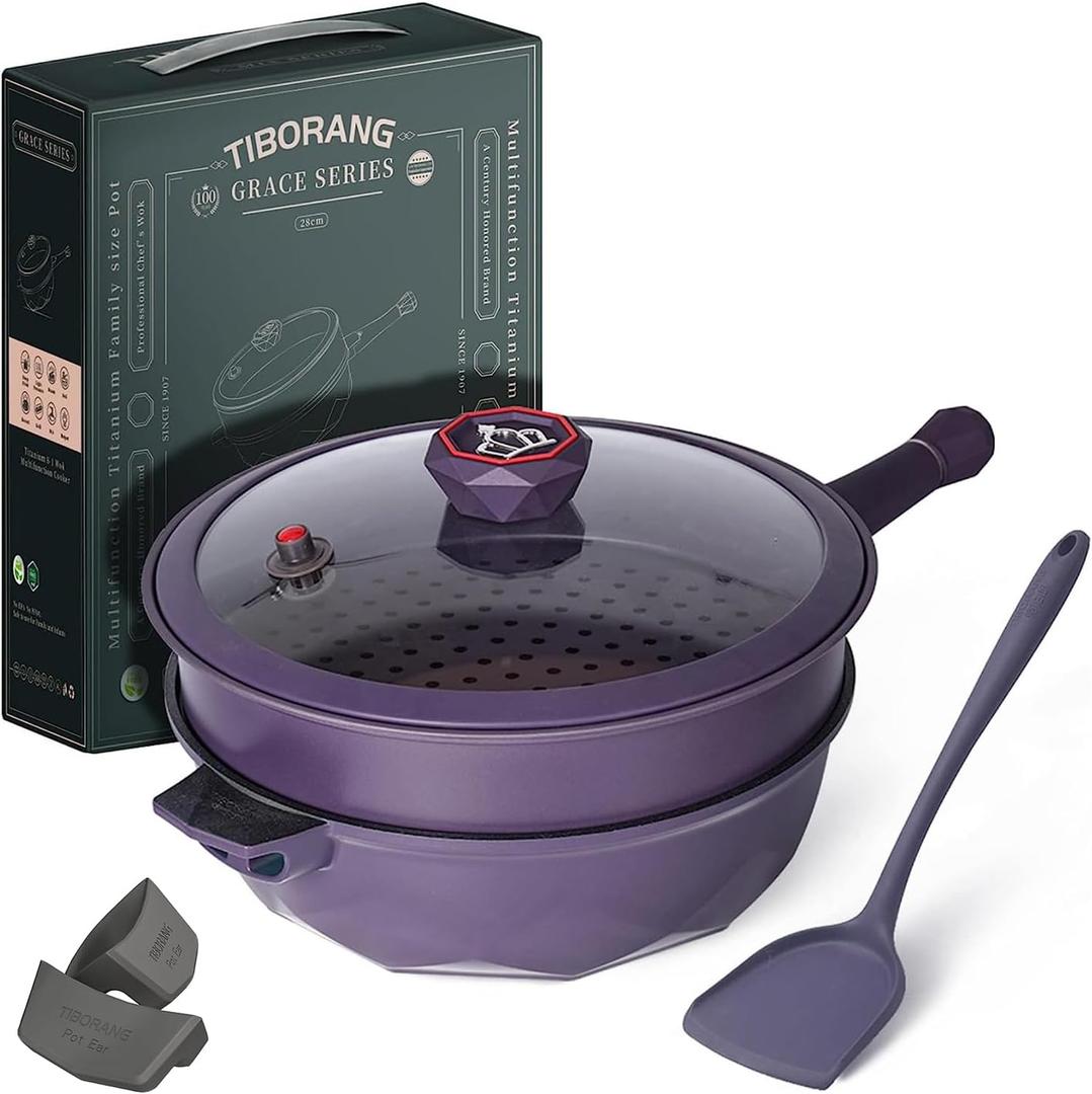 TIBORANG Nonstick Deep Frying Pan with Plastic Pot Ear (Purple)