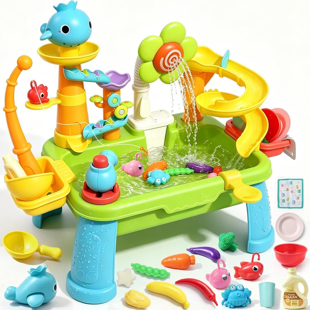 Dergo Upgraded Water Table for Toddlers Toy Set, Kids Sensory Sand Table Play Sink Shower Sprinkler, Summer Birthday Gift STEM Fishing Playset for Boys Girls Ages 3 4 5 6 7